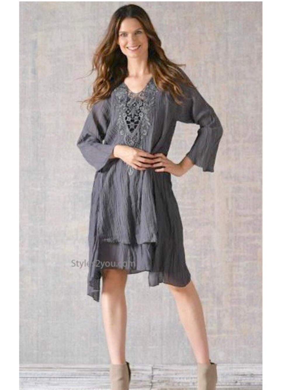 NWT PRETTY ANGEL Bernice Bohemian Layered Crochet Tunic Dress In Gray
